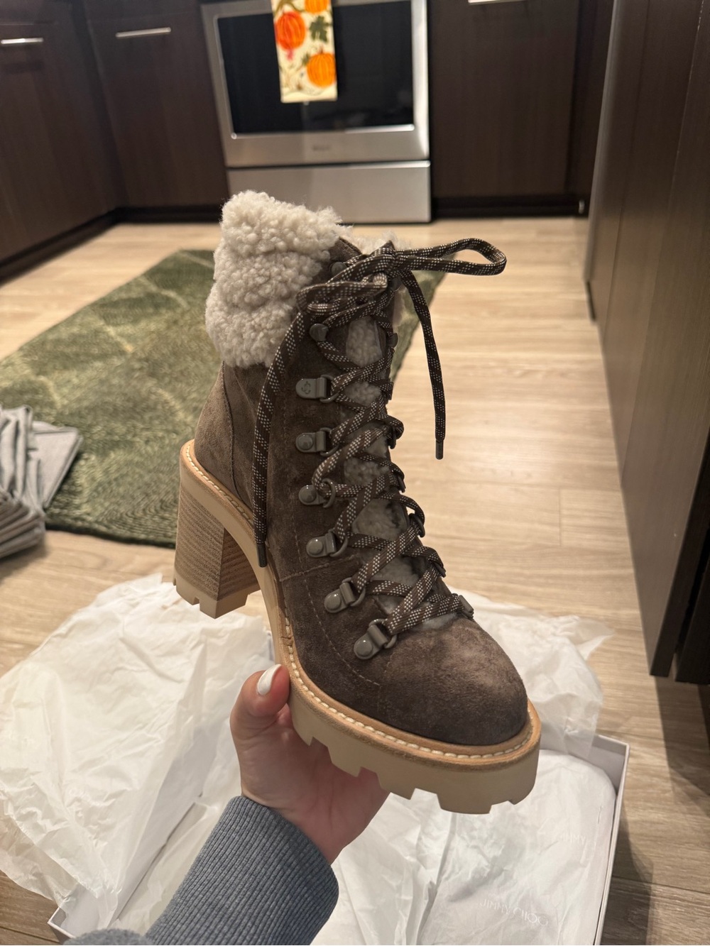 Jimmy Choo Brown Suede and Shearling Lace-Up Boots. Size 37